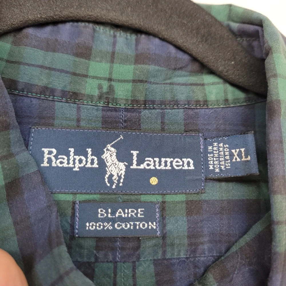 Ralph Lauren Button Down Shirt Mens XL Green Plaid Blaire Cotton Long Sleeve